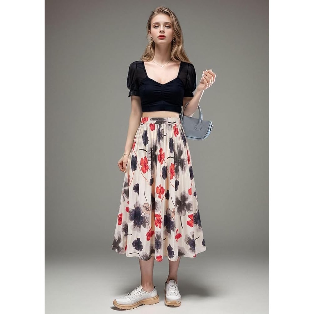 (A4) Floral Pleated Midi Skirt High Waist A-Line Cream Red Black XL